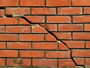 Cracked brick wall showing structural damage from construction works, highlighting the need for non-negligence cover or party wall insurance.