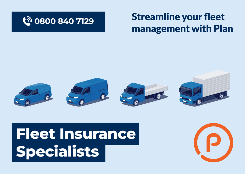 Illustrated fleet of commercial vehicles with the Plan Insurance Brokers logo and a call-to-action phone number.