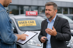 Customer discussing paperwork with a used car dealer beside a second-hand vehicle on a forecourt