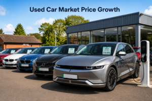 Used car dealership forecourt with EVs and older vehicles ready for sale